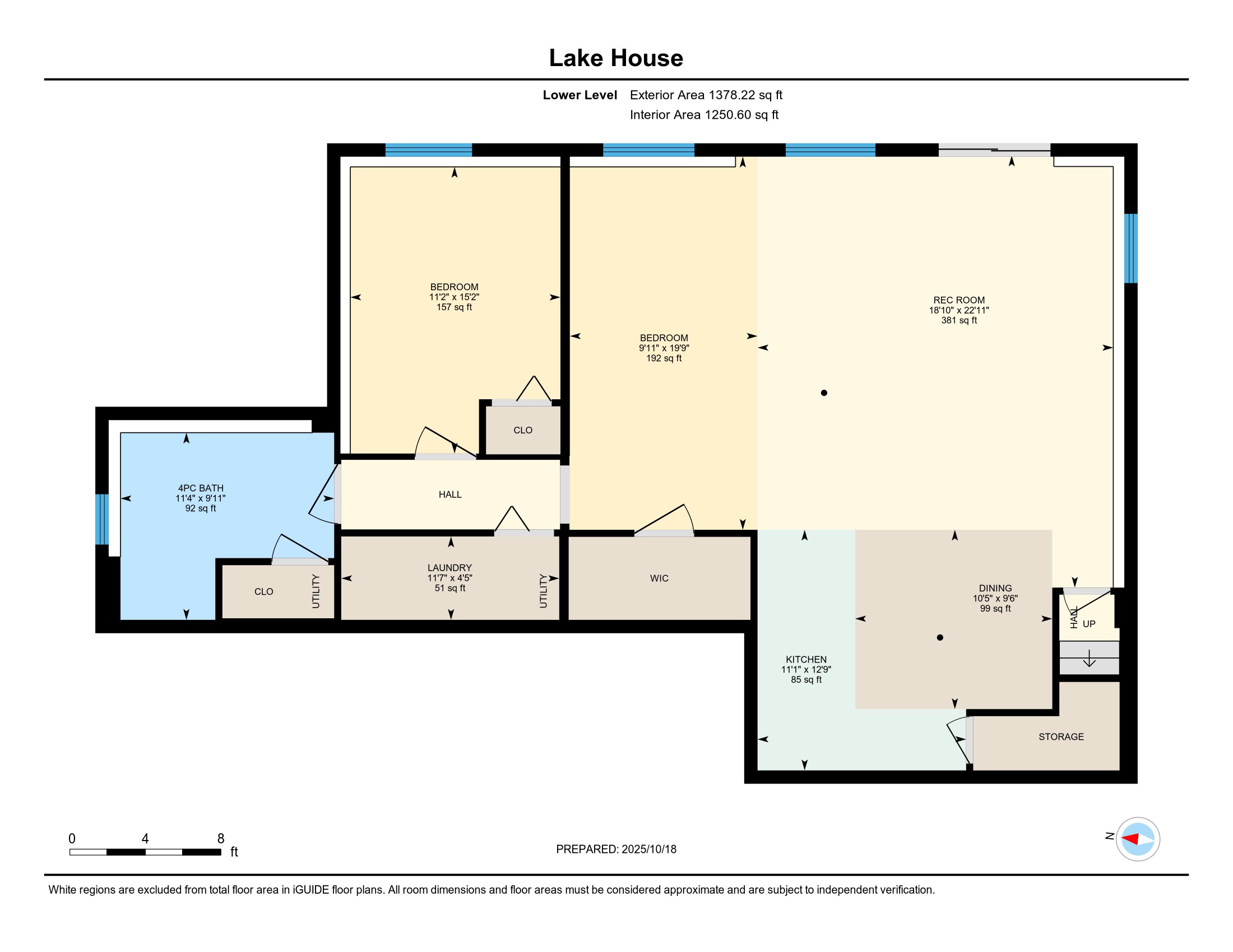 Floor plan of a two-bedroom lake house with porch, kitchen, and bathrooms.