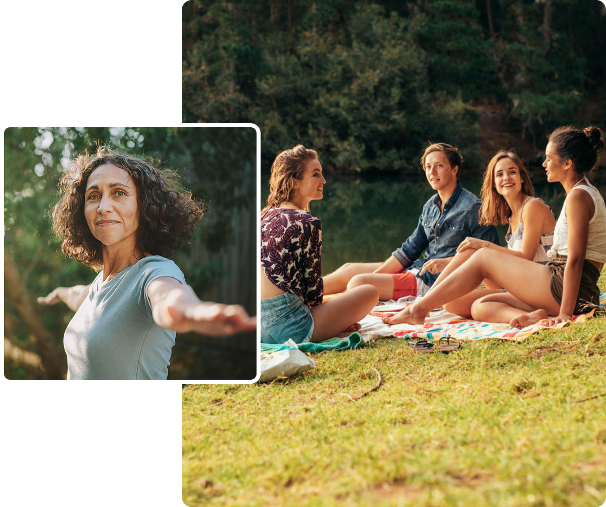 Friends enjoying a picnic by water