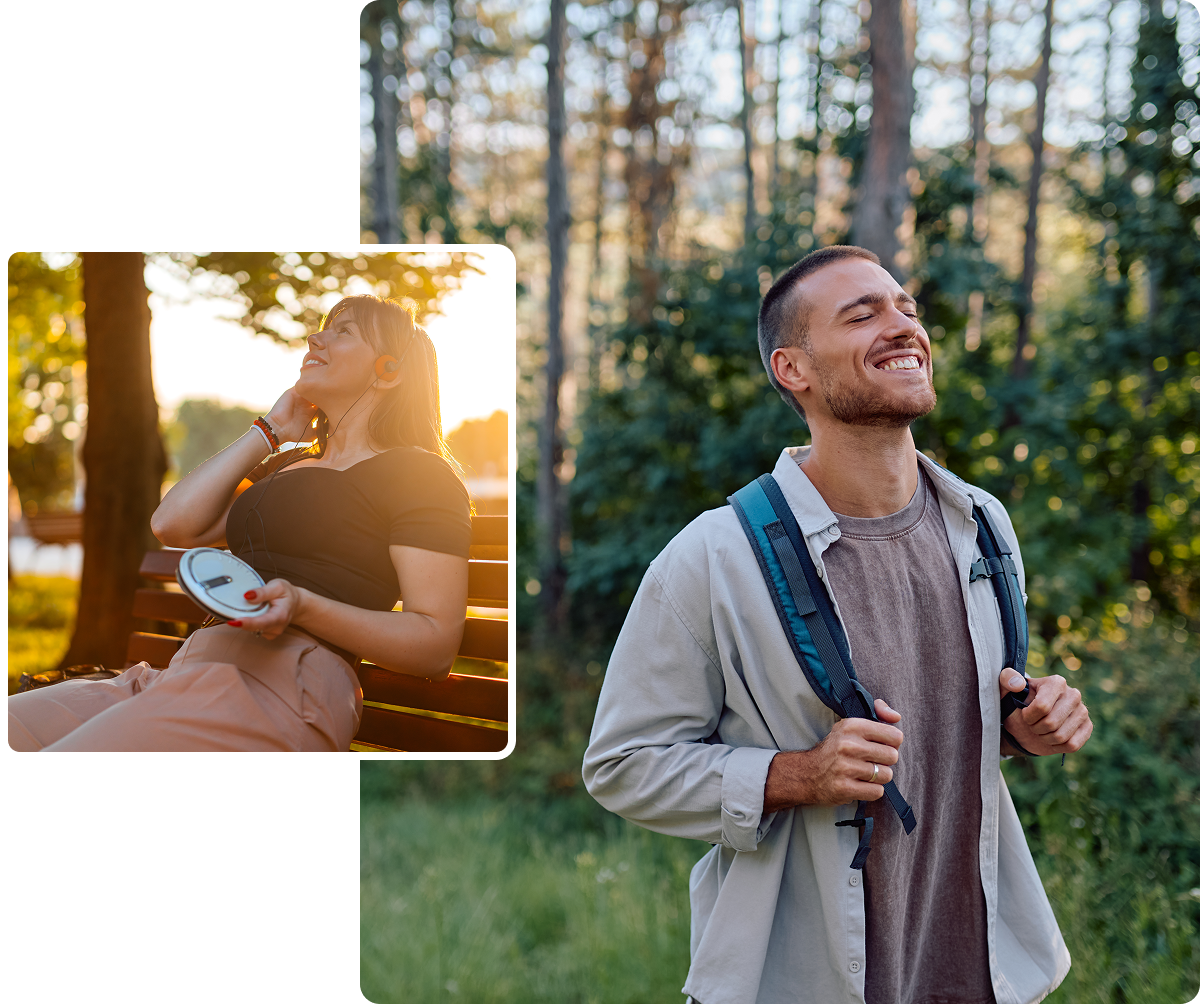 Man enjoying sunlight in forest and woman listening CD