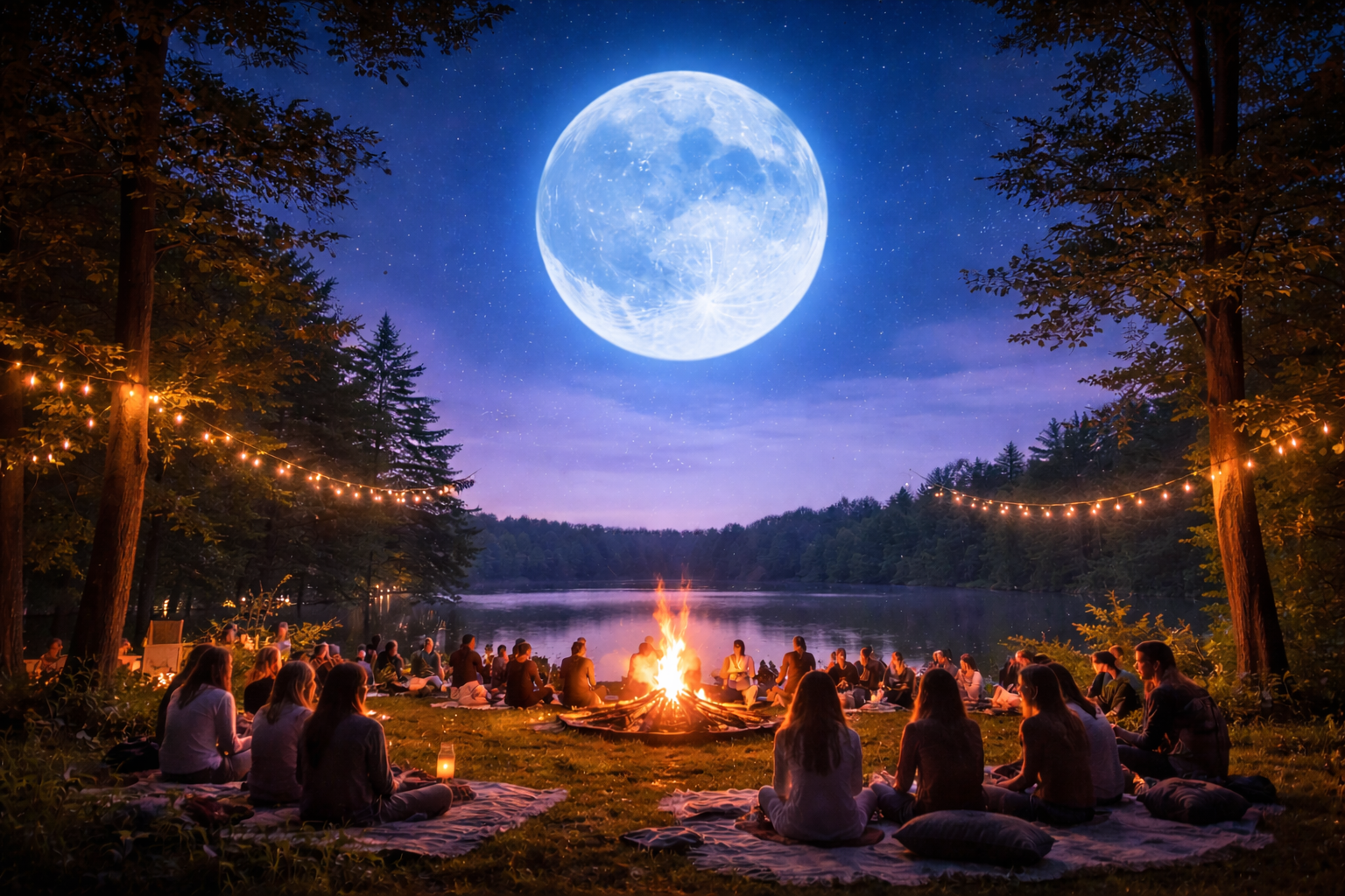 Group gathered around a campfire under a large full moon at twilight.