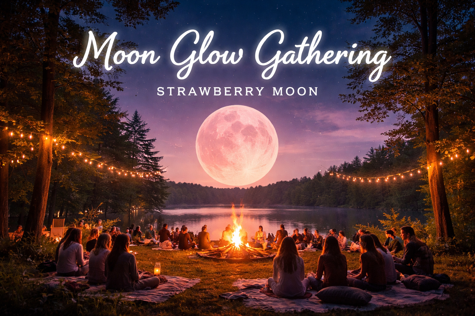 People gather around a campfire under a glowing strawberry moon.