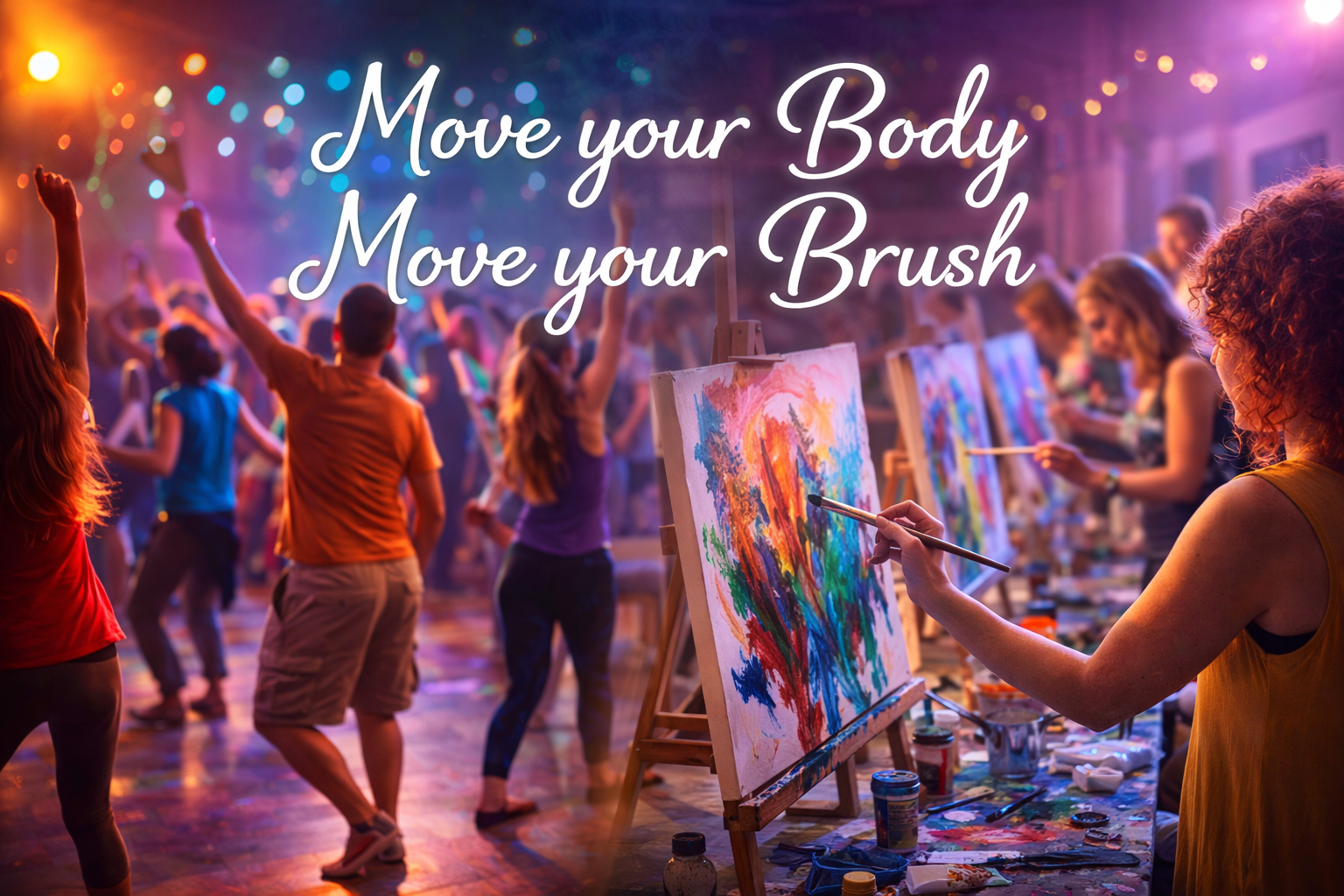 People painting and dancing at a lively art event.